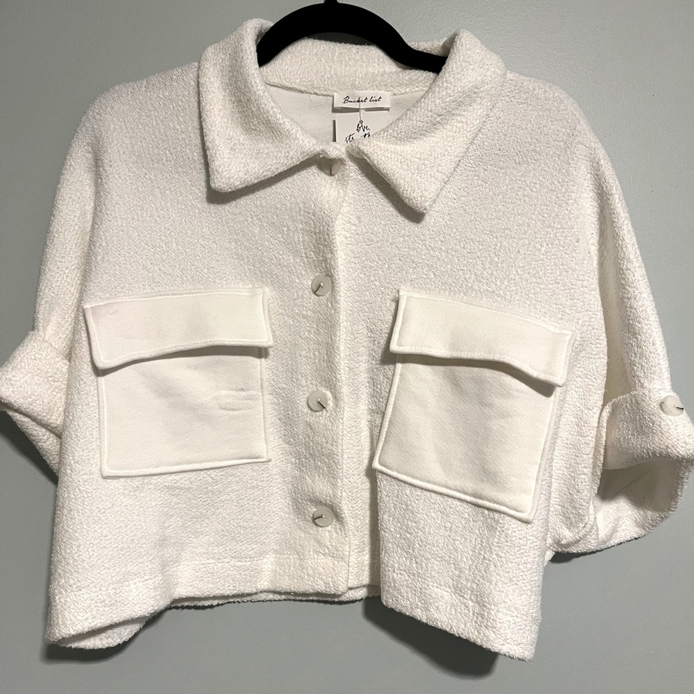 Bucket List, white terry cloth cropped cardigan. NWT